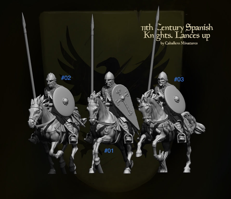 Unpainted Resin 3D Printed Miniature 11th Century Spanish Knights, Lances Up by Caballero