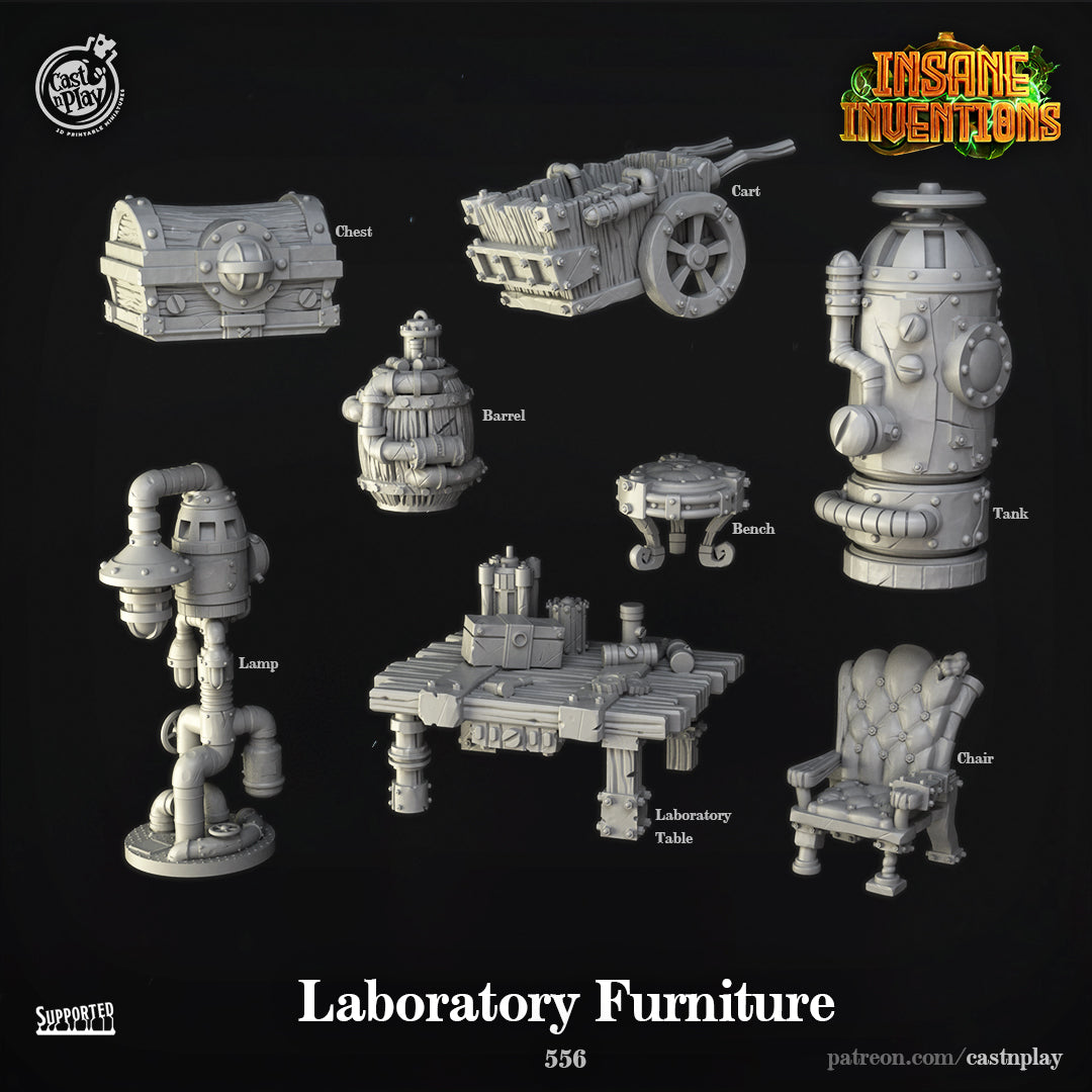 Unpainted resin 3d printed miniature Laboratory Furniture designed by Cast n Play