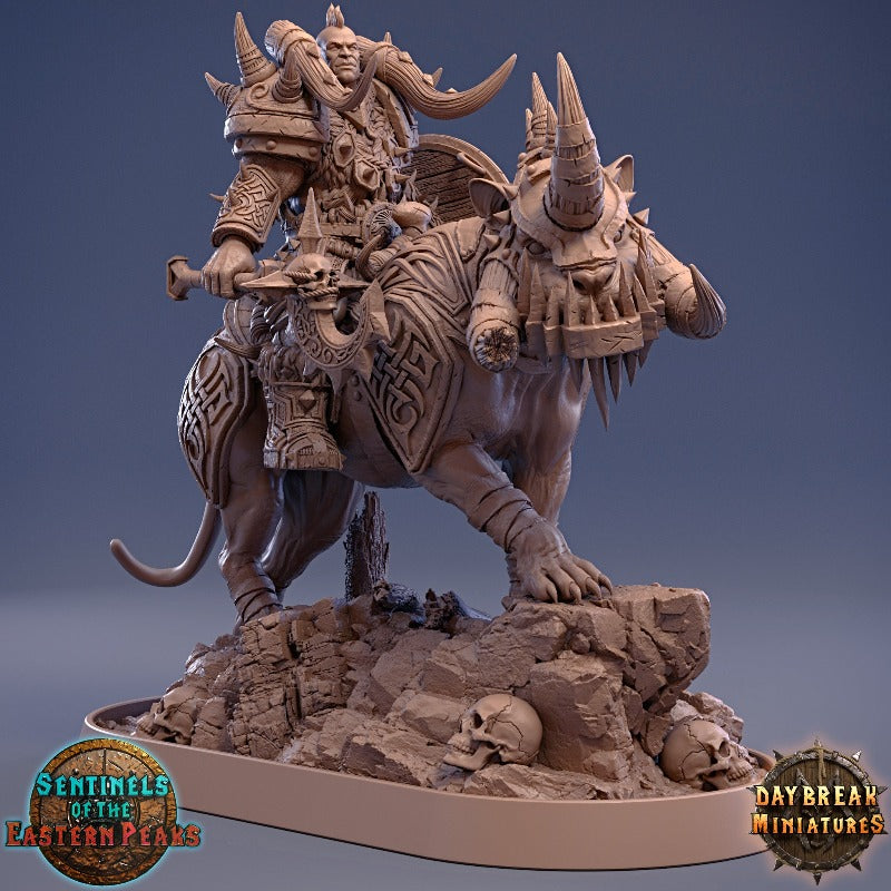 Orc Barbarian Male on Armored Sabertooth Unpainted Resin 3D Printed Miniature