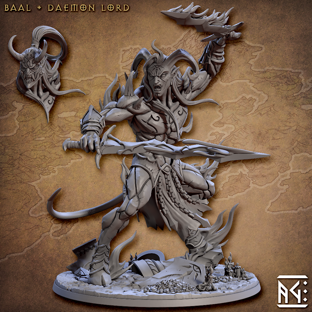 Tiefling Fiend demon king flaming sword raised crocked long sword