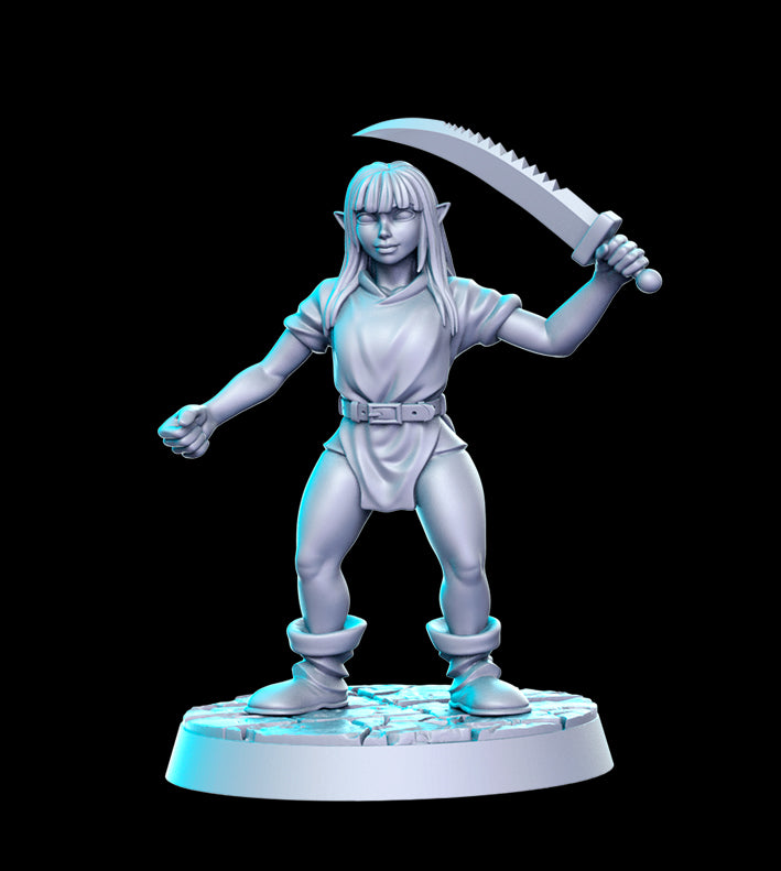 Unpainted miniature female goblin with sword