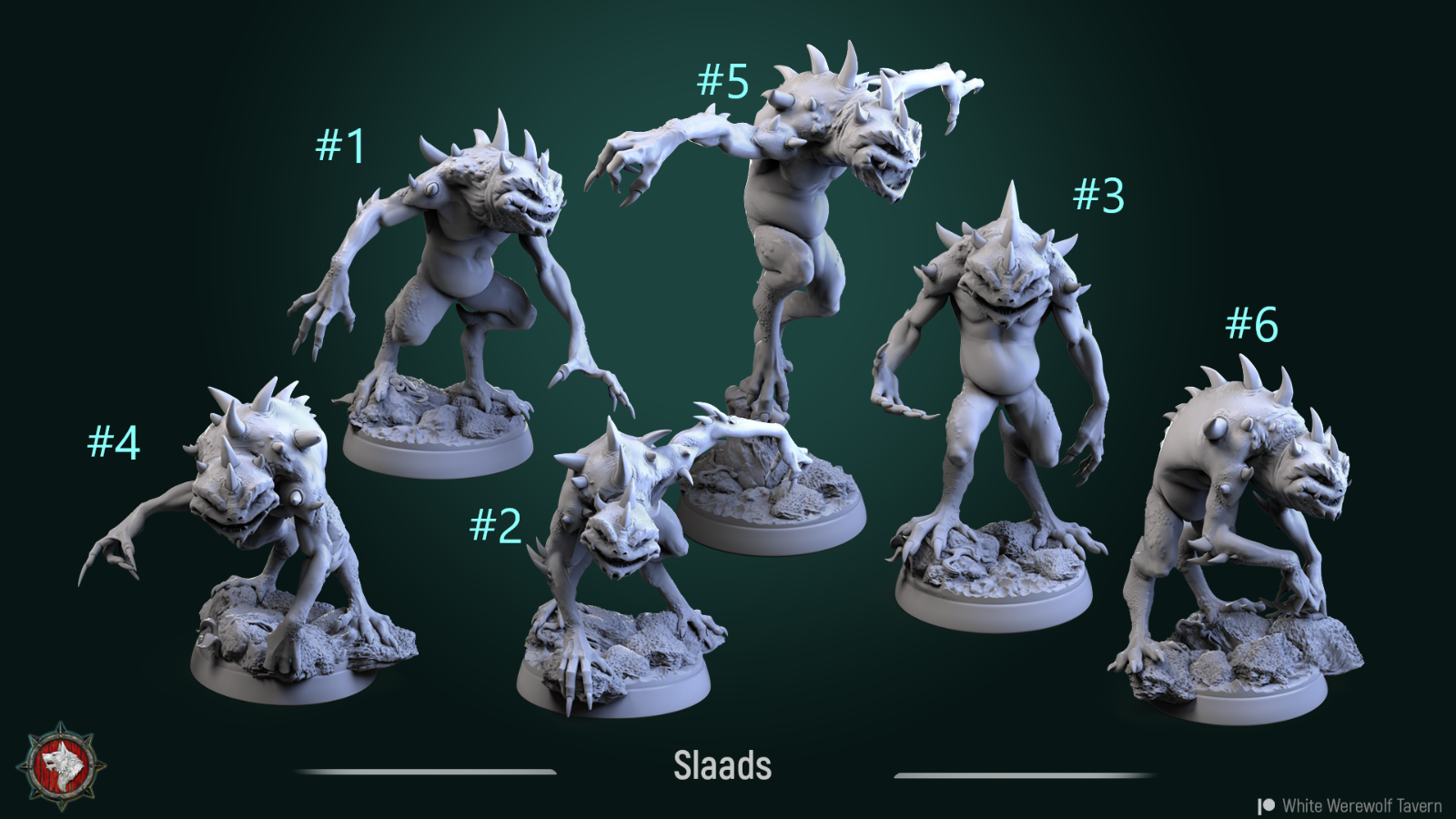 Six different kuo-toa type miniatures printed by Madness3D