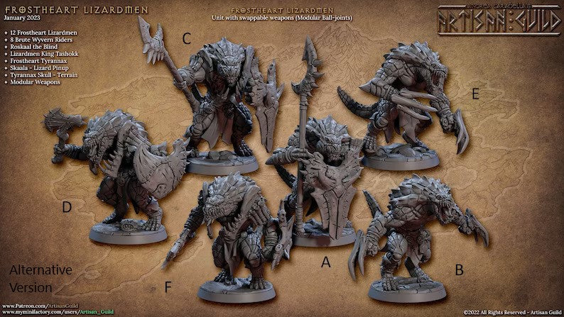 miniature Frostheart Lizardmen sculpted by Archvillain Games