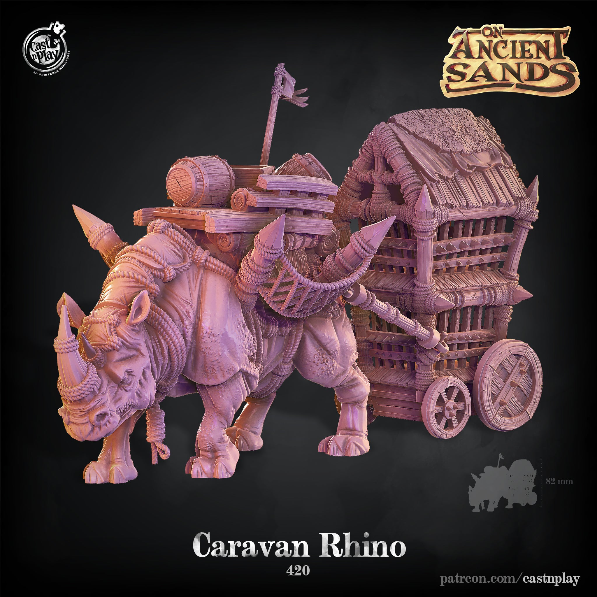 Rhino with armor pulling a caravan