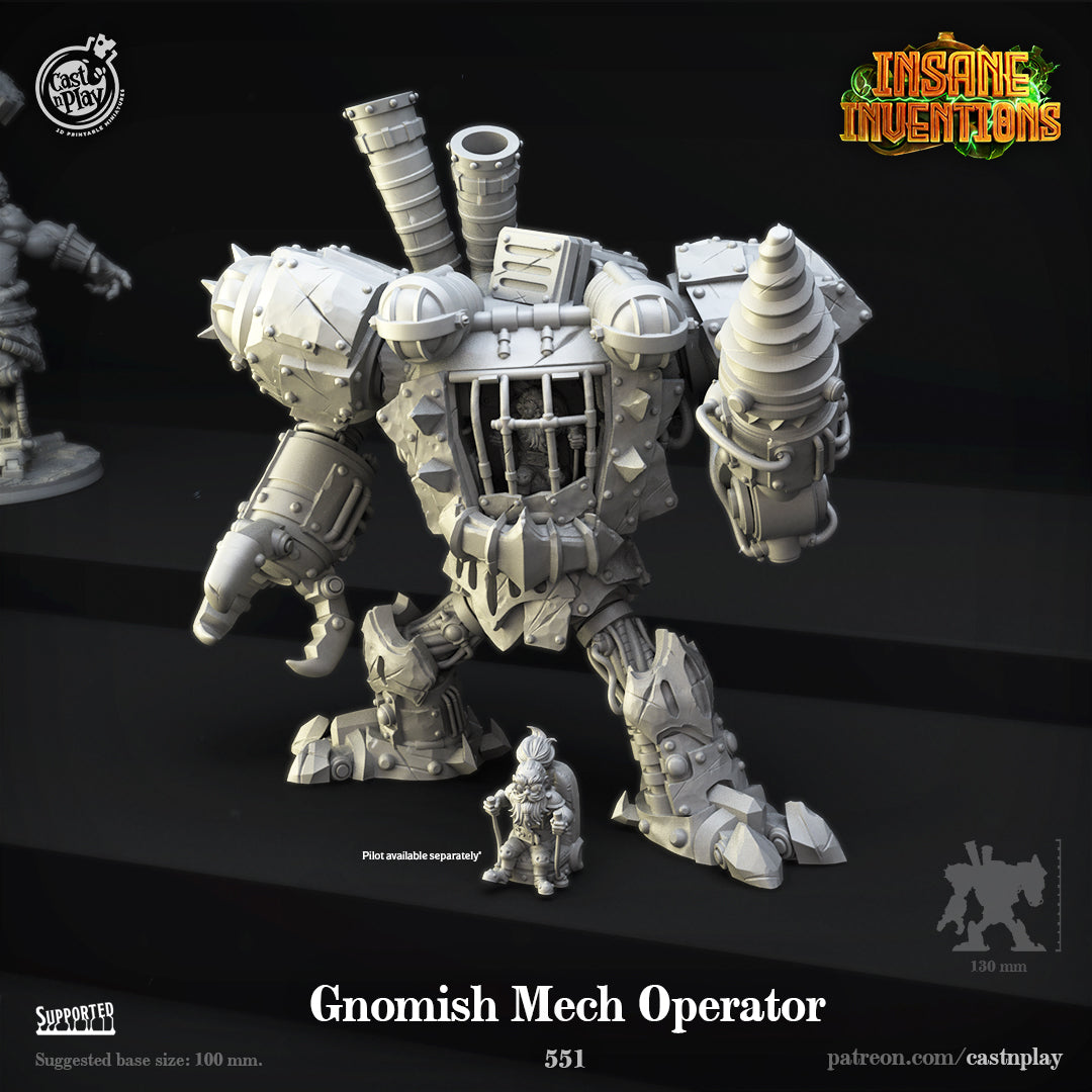 Unpainted resin 3d printed miniature Gnomish Mech Operator designed by Cast n Play