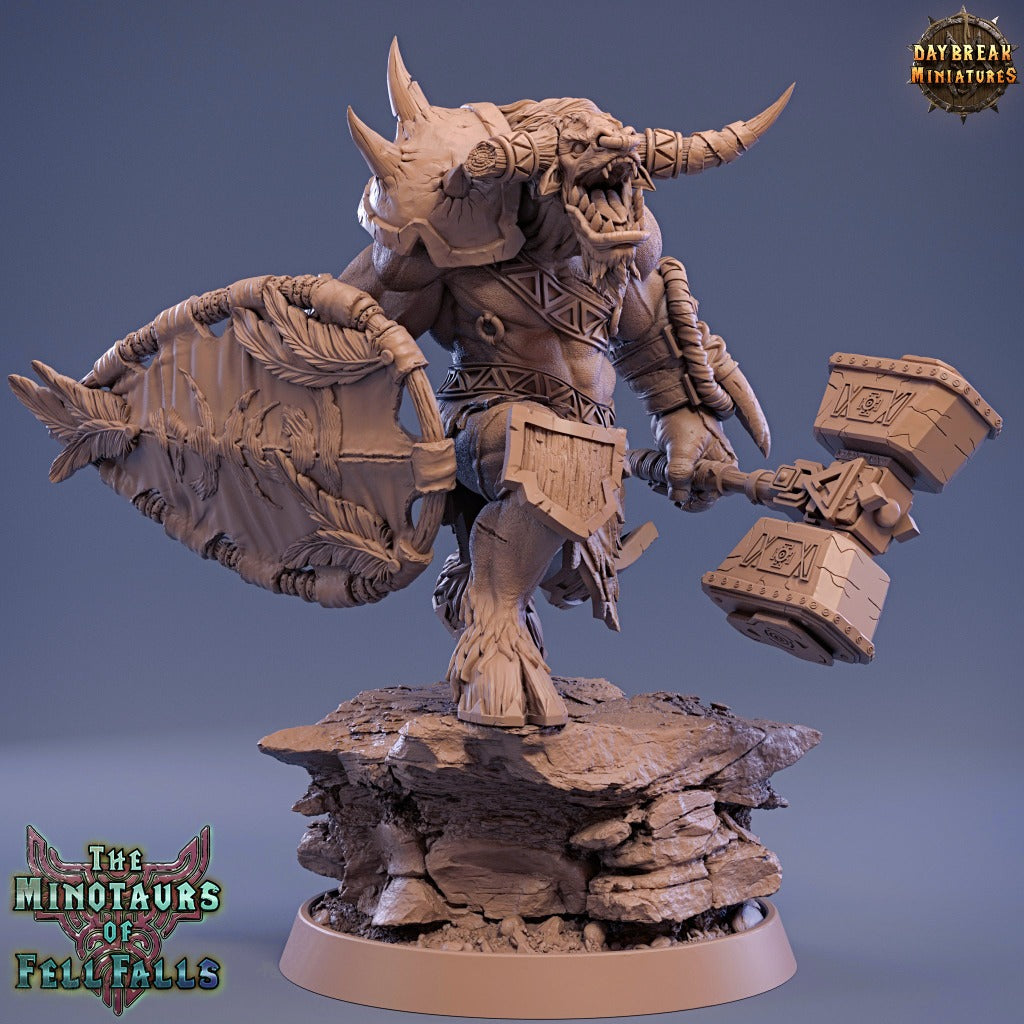 war cry minotaur with leather shield and hammer