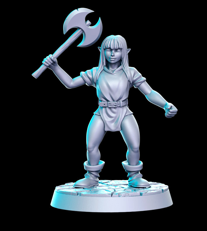 Unpainted miniature female goblin with axe