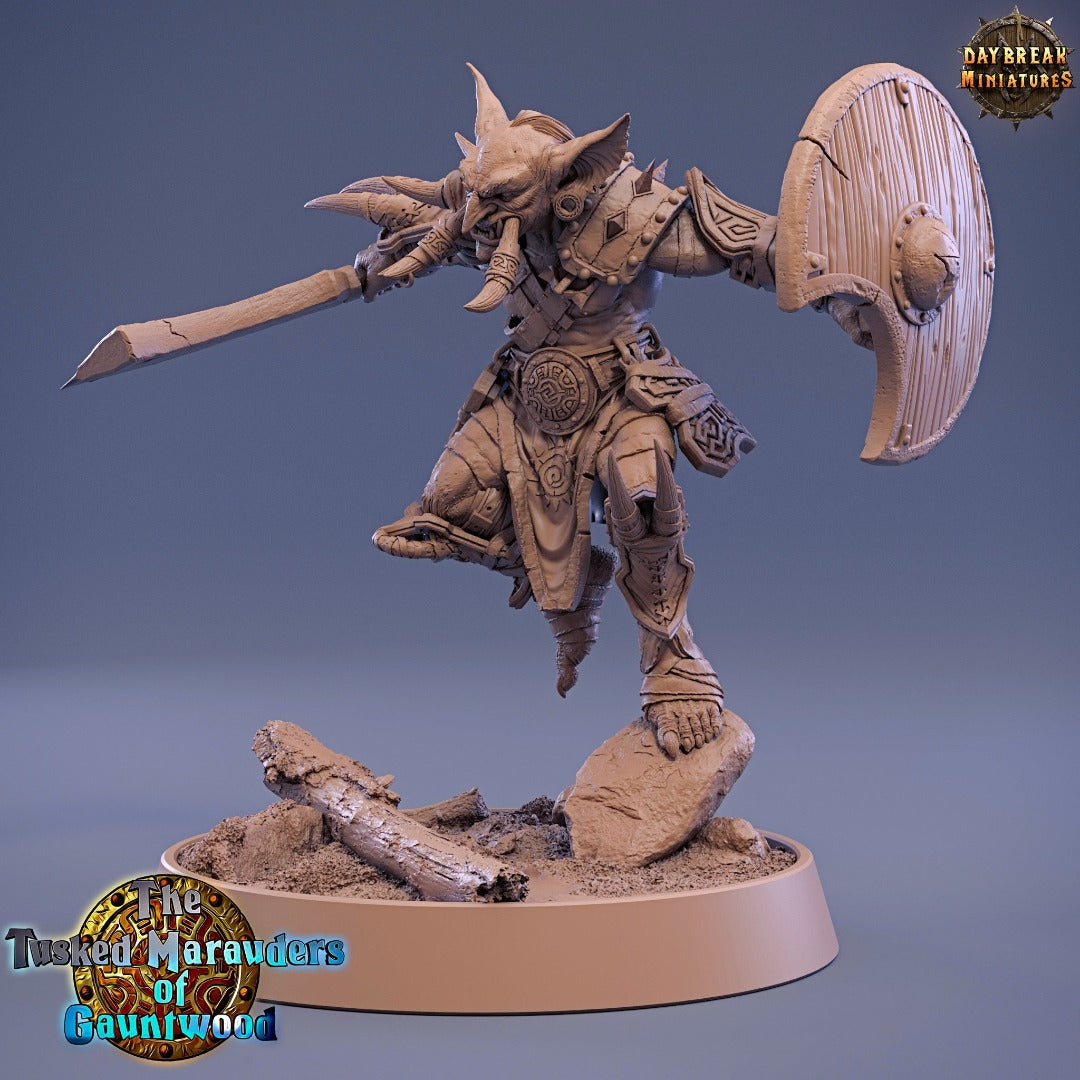 tusked goblin warrior cleaver and shield leap