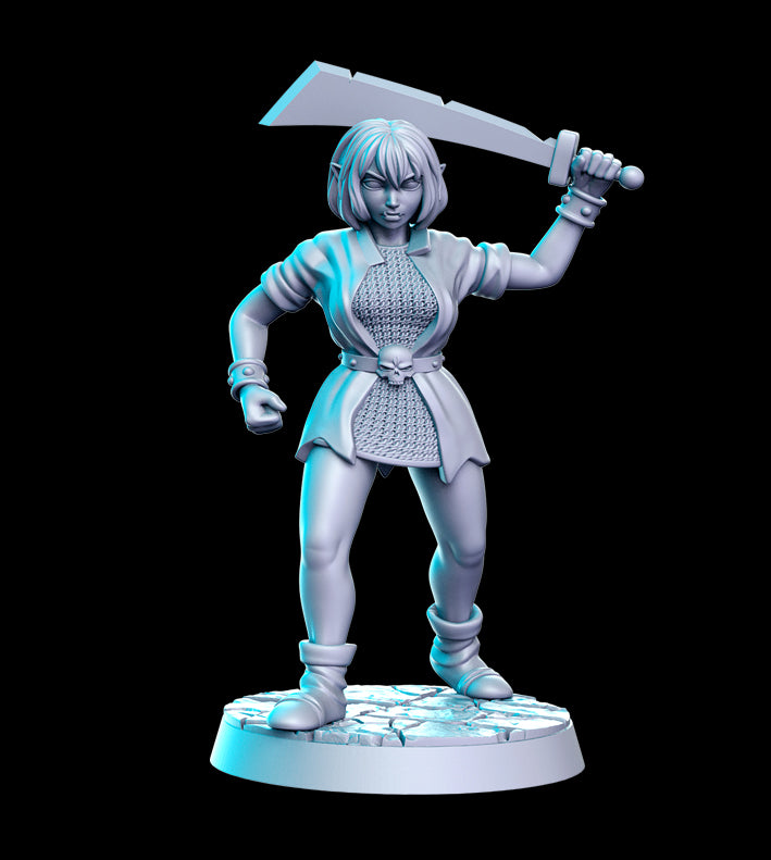 Unpainted miniature female Orc with sword