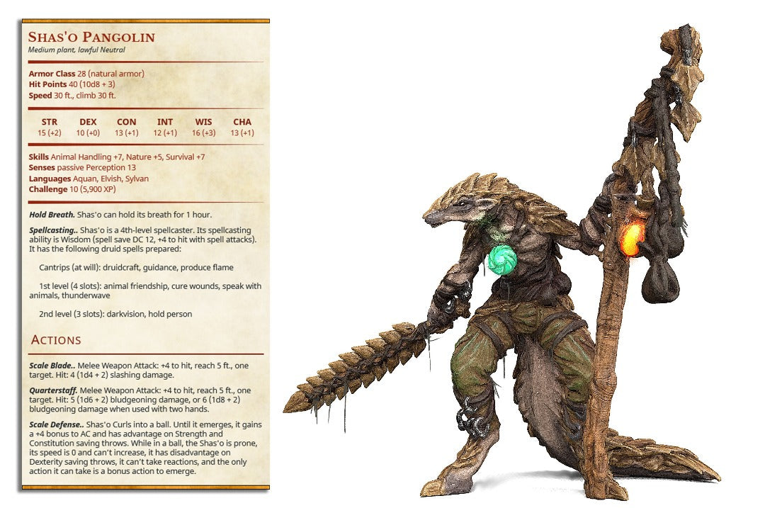 Beastfolk pangolin shaman with sword and staff